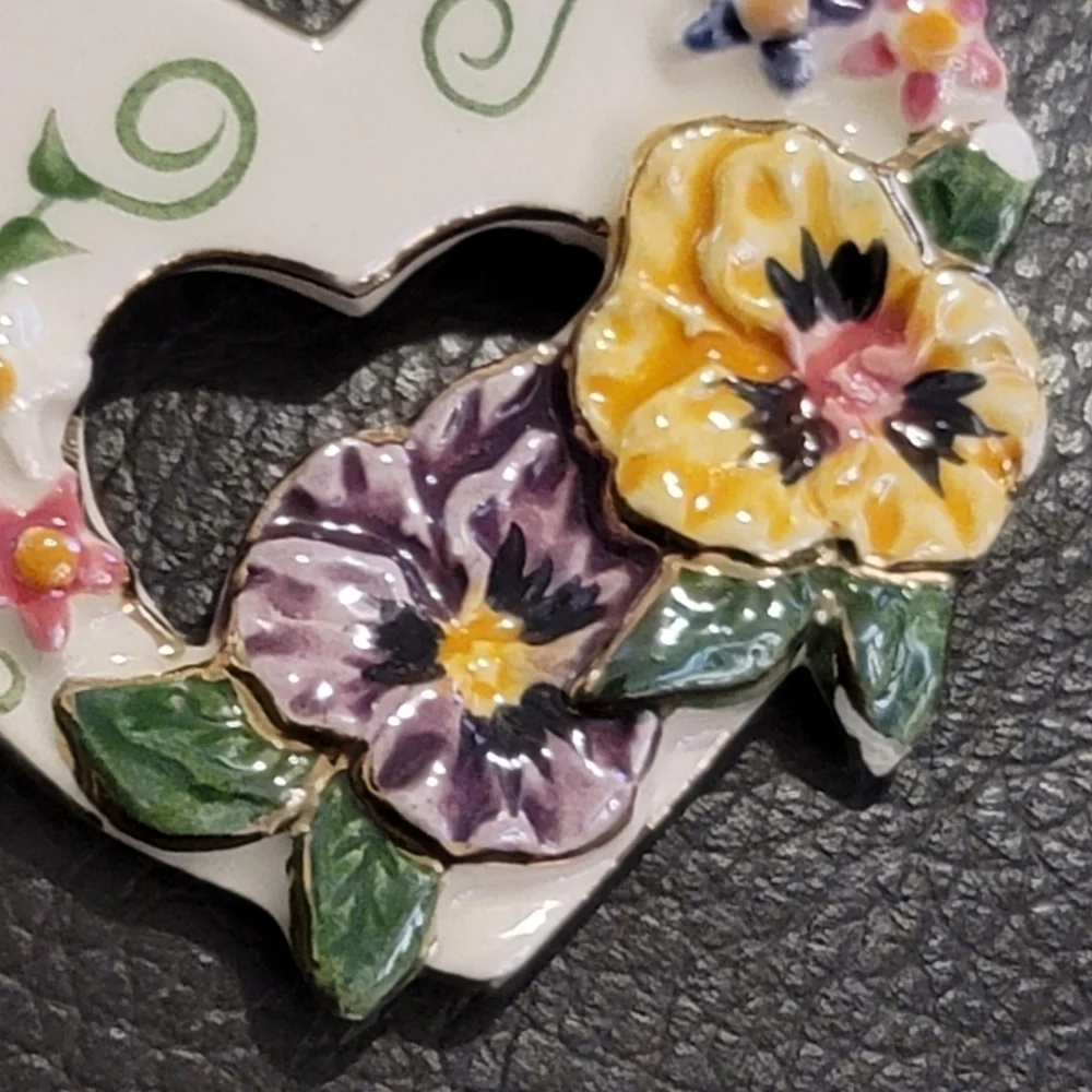 Vintage Ceramic Heart Brooch with Pansies and Wildflowers